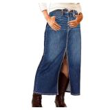 Flamingals Straigh High Rise Vintage Split Back Contrast Stitch Detail Denim Skirt Navy Blue L