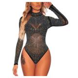 SEBOWEL Women Rhinestone Studded Bodysuit Mesh See Through Jumpsuits Rompers Top, Black, L
