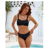 Blooming Jelly Womens Bikini Set Ruffle Two Piece Bandeau Bathing Suits Black Mid Rise Cheeky High Cut Eyelet Swimsuit (XL)