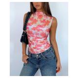 REORIA Sexy Bodysuits for Women Sheer Mesh Mock Neck Sleeveless Top Slim Fit Shirts Ruched Trendy Going Out Tops Cute Body Suit 2025 Floral Peach Small