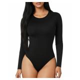 MANGOPOP Round Neck Long Sleeve Bodysuits for Women Basic Body Suit Shirts Tops Black XL