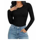 MANGOPOP Round Neck Long Sleeve Bodysuits for Women Basic Body Suit Shirts Tops Black XL