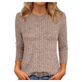 ANRABESS Women 3/4 Sleeve Length Shirts 2025 Fall Lightweight Sweaters Loose Fit Ribbed Knit Casual Soft Layering Tops Tan X-Large