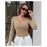 Avidlove Body Suits V Neck Bodysuit for Women Snap Crotch Slimming Bodysuit Long Sleeve Bodysuits Sexy Tops (Khaki,XL)