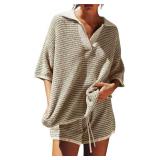 Tankaneo Womens Sweater Set 2 Piece Outfits Oversized 3/4 Sleeve V Neck Knit Tops High Waisted Shorts Lounge Sets - S