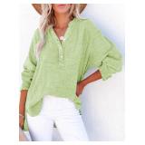 Dokotoo Summer Tops for Womens Button V Neck Long Sleeve Shirts Solid Color Lightweight Comfy Cotton Textured Fabrication Tunic Tops Oversized T Shirts 2025 Spring Green 2XL