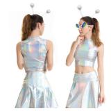 Kizzyland Metallic Top Sleeveless Crop Tank Top Pleated Skirt With Headband Glasses Halloween Alien Costume Women Cosplay Size- Large
