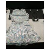 Kizzyland Metallic Top Sleeveless Crop Tank Top Pleated Skirt With Headband Glasses Halloween Alien Costume Women Cosplay Size- Large