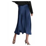 Zeagoo Womens Midi Skirt Satin High Waist Skirt Elegant Fall Skirts Navy Blue Size- XS