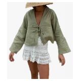 Green Linen Wrap Top with Bow Size L