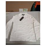 White Ribbed Long Sleeve Collared Top-L