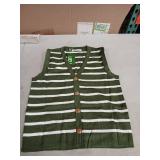 Green and White Striped Button-Up Sweater Vest with Gold Buttons -M