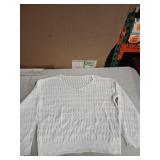 White Knit Cotton Sweater with Eyelet Pattern-Lg