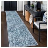 SILOLOOM Vintage Runner Rugs for Hallway 2x10, Blue and White Washable Long Hallway Runner Rug Non Slip, Super Soft Kitchen Runner Rug, Print Faux Wool Floral Thin Carpet Hall Runner