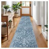 SILOLOOM Vintage Runner Rugs for Hallway 2x10, Blue and White Washable Long Hallway Runner Rug Non Slip, Super Soft Kitchen Runner Rug, Print Faux Wool Floral Thin Carpet Hall Runner