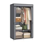 MOGELAFOO 35 Inch Portable Wardrobe Closet for Small Room, Clothing Organizer Storage Rack with Non-Woven Fabric Cover, 1 Clothes Hanging Rod, 6 Storage Shelves, Grey