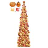 5 FT Fall Tree Fall Decor, Pop Up Tinsel Maples Tree with Timer 50 Warm White Lights Orange Pumpkins Battery Operated Lighted Halloween Tree Fall Decorations for Home Harvest Thanksgiving Party Indoor