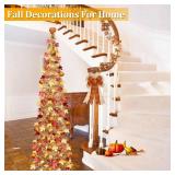 5 FT Fall Tree Fall Decor, Pop Up Tinsel Maples Tree with Timer 50 Warm White Lights Orange Pumpkins Battery Operated Lighted Halloween Tree Fall Decorations for Home Harvest Thanksgiving Party Indoor