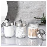 Komashr 2PC Apothecary Jar Canisters Bathroom Vanity Organizer - Qtip Holder Storage Countertop & Stainless Steel Lids &Cute Stickers for Qtips,Cotton Swabs,Makeup Sponges,Floss (Brushed Nickel)