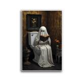 GOVWSRBJ Ghost Reading on Vintage Toilet Canvas Wall Art Spooky Halloween Decor with Floral Bathroom Scene Autumn Palette Haunted House Gift 12x18in Frameless