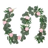 DearHouse Artificial Eucalyptus Garland Faux Silk Eucalyptus Leaves Vines with Rose Flower Handmade Garland Greenery Wedding Backdrop Arch Wall Decor,6.1FT/Pcs (Pink)