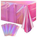 4 Pack Iridescent Pink Plastic Tablecloths, FunnyPars Shiny Disposable Laser Rectangle Table Covers, Holographic Foil Tablecloth Iridescent Party Decorations for Birthday Wedding Christmas, 54x108Inch