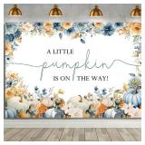 MEHOFOND 7x5ft Pumpkin Baby Shower Backdrop for Boy Fall A Little Pumpkin is On The Way Photography Background Autumn Blue Floral Thanksgiving Baby Shower Party Decoration Cake Table Banner