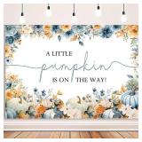MEHOFOND 7x5ft Pumpkin Baby Shower Backdrop for Boy Fall A Little Pumpkin is On The Way Photography Background Autumn Blue Floral Thanksgiving Baby Shower Party Decoration Cake Table Banner
