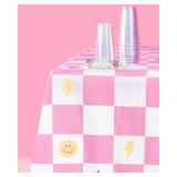 xo, Fetti Preppy Checker Washable Tablecloth - 9ft. | Birthday Party Decorations, Smiley Bachelorette Party Supplies, Rainbow Baby Shower, Pastel Preppy, Tableware
