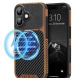 TENDLIN Magnetic Case Compatible with iPhone 16 Plus Phone Case Wood Grain with Carbon Fiber Texture Design Leather Hybrid Slim Case (Compatible with MagSafe) Black