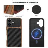 TENDLIN Magnetic Case Compatible with iPhone 16 Plus Phone Case Wood Grain with Carbon Fiber Texture Design Leather Hybrid Slim Case (Compatible with MagSafe) Black