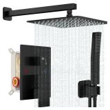 Baetuy Black Shower System, Shower Faucet Set Bathroom Square Rain Shower Head and Handle Set, Wall Mounted Shower Fixtures With Shower Valve and Trim Kit 10 inch Matte Black