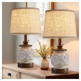 19.5" Farmhouse Bedside Table Lamps Set of 2 Rustic Lamps for Nightstand Bedroom with USB Ports Vintage Traditional White Carved Floral Night Light Lamps for Living Room End Tables Decor
