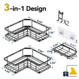 YASONIC Shower Caddy Corner, 3-Pack Adhesive Rustproof Stainless Steel Shower Shelves with Soap Holder, No Drilling Shower Organizer Corner for Dorm, Renters Bathroom, Black