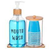 1 Set Mouthwash Dispenser for Bathroom 17 Oz Refillable Mouth Wash Pump Bottle Paper Cup Holder with Bamboo Lid and Tray Clear Mouthwash Container for Bathroom Vanity Kitchen Sink