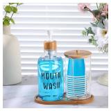 1 Set Mouthwash Dispenser for Bathroom 17 Oz Refillable Mouth Wash Pump Bottle Paper Cup Holder with Bamboo Lid and Tray Clear Mouthwash Container for Bathroom Vanity Kitchen Sink