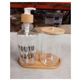 1 Set Mouthwash Dispenser for Bathroom 17 Oz Refillable Mouth Wash Pump Bottle Paper Cup Holder with Bamboo Lid and Tray Clear Mouthwash Container for Bathroom Vanity Kitchen Sink