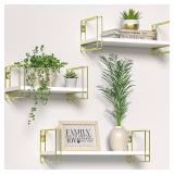 J JACKCUBE DESIGN White Wood Floating Shelves, Set of 3 Wall Mounted Hanging Shelves with Gold Wire Frames for Bedroom. Living Room, Kitchen, Bathroom and Office - MK696C
