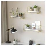 J JACKCUBE DESIGN White Wood Floating Shelves, Set of 3 Wall Mounted Hanging Shelves with Gold Wire Frames for Bedroom. Living Room, Kitchen, Bathroom and Office - MK696C