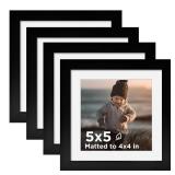 KINLINK 5x5 Picture Frame Black Set of 4, Wooden Square Photo Frames Matted 4x4 with Plexiglass for 4x4 with Mat or 5x5 without Mat for Table and Wall Display