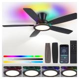 BYKISTOK Flush Mount Ceiling Fan with RGB Light - 52In Black Ceiling Fan Light with Reversible Mute Motor, LED 3CCT Dimmable, Low Profile Modern Ceiling Fans for Indoor, Party, Covered Outdoor