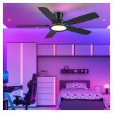 BYKISTOK Flush Mount Ceiling Fan with RGB Light - 52In Black Ceiling Fan Light with Reversible Mute Motor, LED 3CCT Dimmable, Low Profile Modern Ceiling Fans for Indoor, Party, Covered Outdoor