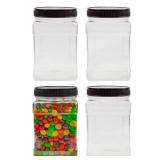 Cornucopia Brands 32oz Square Plastic Jars (4-Pack, Quart); Clear Rectangular 4-Cup Canisters w/Black Lids, Easy-Grip Side
