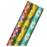 Hallmark Holiday Wrapping Paper with Cut Lines on Reverse (3 Rolls: 120 sq. ft. ttl) Teal  Yellow  Pink  Orange Patchwork and Donkeys for Christmas  Kwanzaa  Three Kings Day