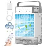 APPEARS NEW - Portable Air Conditioner, Personal Evaporative Air Cooler with Dual Tank, 2 Mist Modes, 3 Wind Speed, USB Powered Desk Cooling Fan with 7-Color Mood Lighting for Office/Bedroom