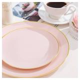 FACTORY SEALED - Nervure 50PCS Pink and Gold Plastic Plates - 10.25 inch Pink Disposable Plates with Gold Rim - Party Plate - Dinner Plate Ideal for Wedding & Party