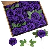 FACTORY SEALED - Lansdowns Artificial Flower Foam Rose 25pcs Real Looking Fake Rose with Stems Leaves for Home Decoration Party Garden Centerpieces DIY Wedding Bouquetsï¼Purpleï¼