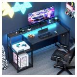 FACTORY SEALED - AODK Computer Desk, 56 Inch Gaming Desk with Led Lights & Power Outlet, Office Desk with Storage Shelves, Reversible Desk with Monitor Shelf & Headphone Hook, Carbon Fiber Black
