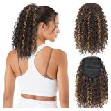 FACTORY SEALED - LOSMOEER Ponytail Extension 10 Inch Drawstring Ponytail Hair Extensions for Women Brown with Honey Blonde Highlights Short Kinky Curly Ponytail Fake Hairpiece Daily Party Use