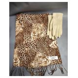 PRESTON AND YORK ACRYLIC LEOPARD SCARF AND BEIGE VINYL GLOVES
